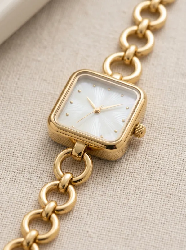 Women's Minimalist Square Dial Mother of Pearl Gold Chain Watch