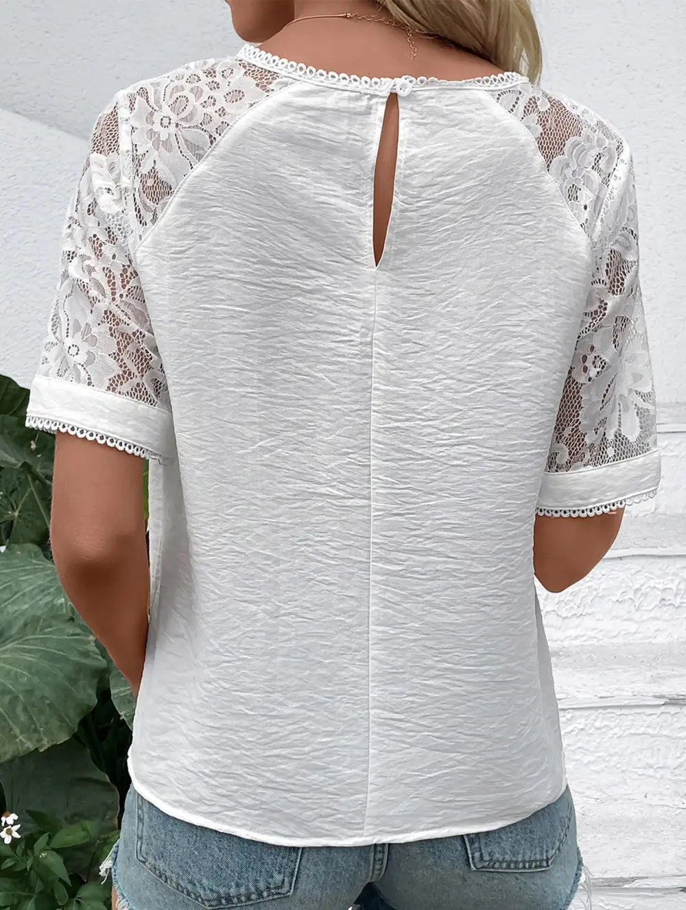 Crew Neck Lace Trimmed Pullover Blouse