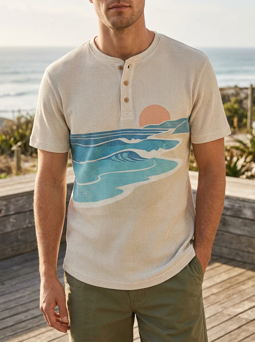 Men's Outdoor Inspired Beach Lover Ocean Wave Sunset Henley T-Shirt