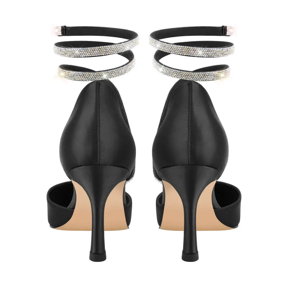 Rhinestone Pointed Toe Chunky Heel Lace Up Pumps