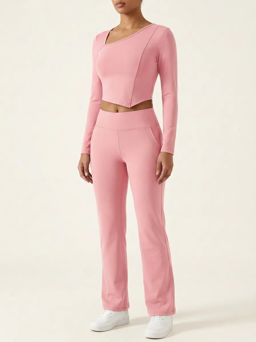 Women's Asymmetric Cutout Crop Top and Flare Pant Set