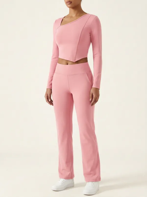 Women's Asymmetric Cutout Crop Top and Flare Pant Set