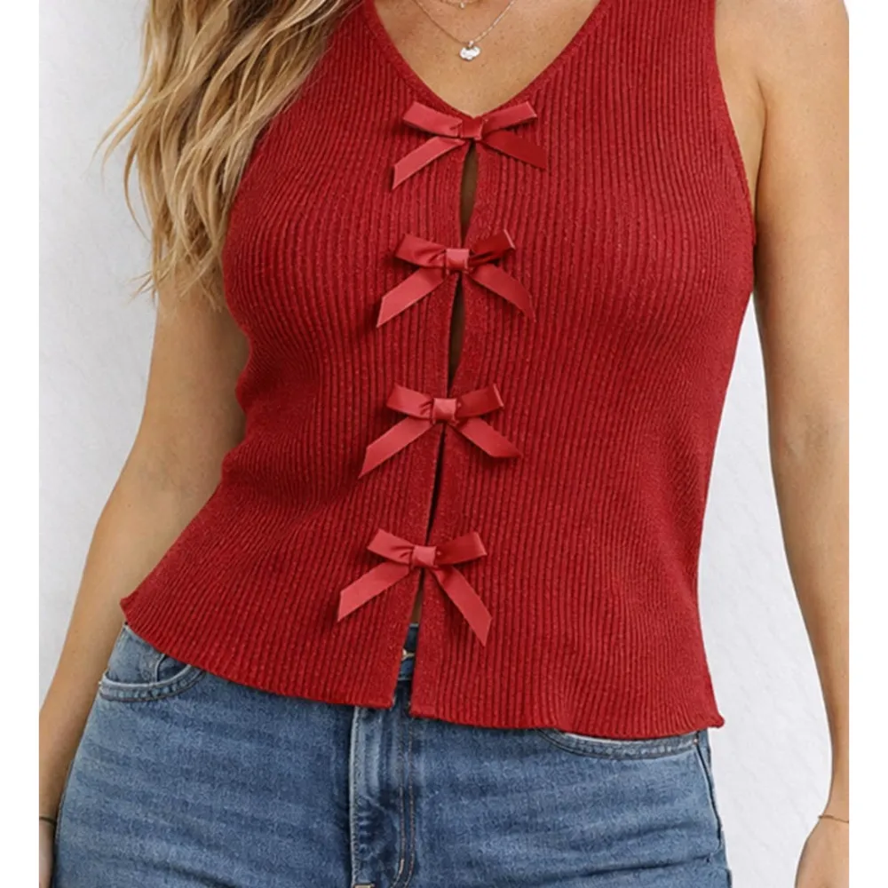 Chic Bow Front Ribbed Knit Round Neck Sleeveless Top