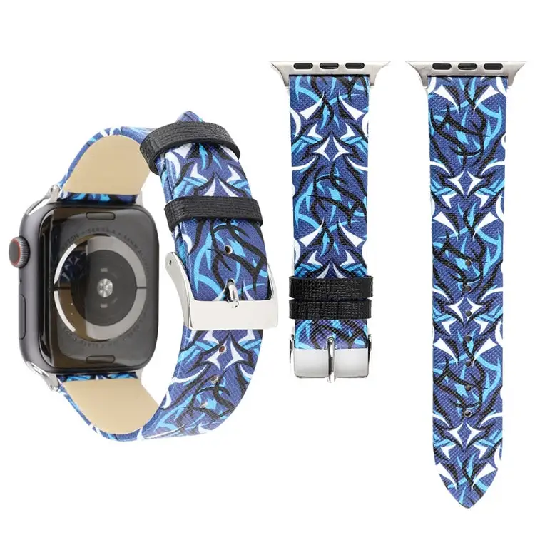 Thorns Printing Genuine Leather Watch Band for Watch Ultra 49 mm & Ultra 2 49 mm / Series 10 46 mm / 9 & 8 & 7 45 mm / SE 3 & SE 2 & 6 & SE & 5 & 4 44 mm / 3 & 2 & 1 42 mm - Blue