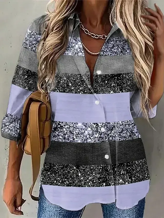 Women's Blouse Shirt Green Blue Purple Graphic Striped Button Print Long Sleeve Daily Weekend Streetwear Casual Shirt Collar Regular S