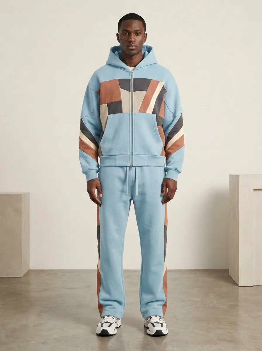 Men's Geometric Colorblock Olive Printed Hoodie Tracksuit