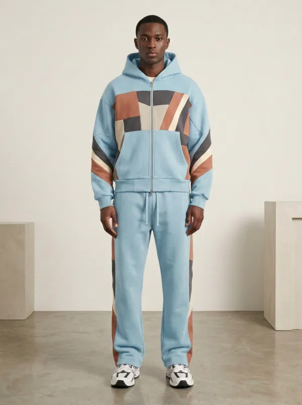Men's Geometric Colorblock Olive Printed Hoodie Tracksuit