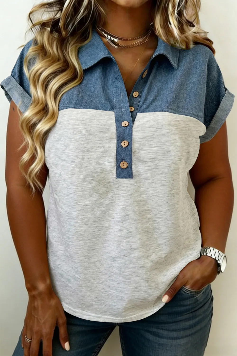 Light Grey Half Buttons Collared Top