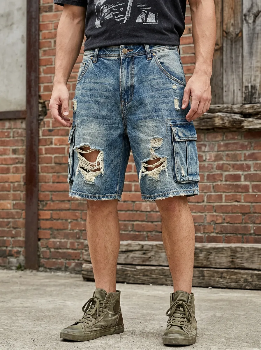 Men's Cargo Pocket Cargo Denim Shorts with Denim Detail