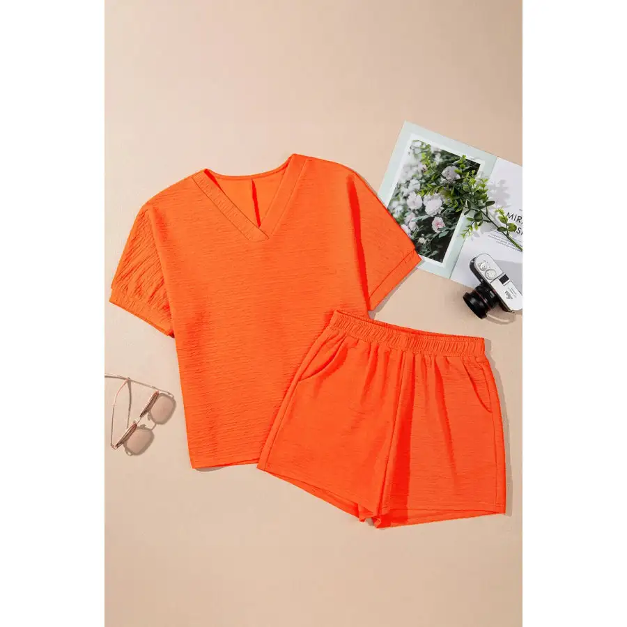 Textured V Neck T Shirt and Shorts Set