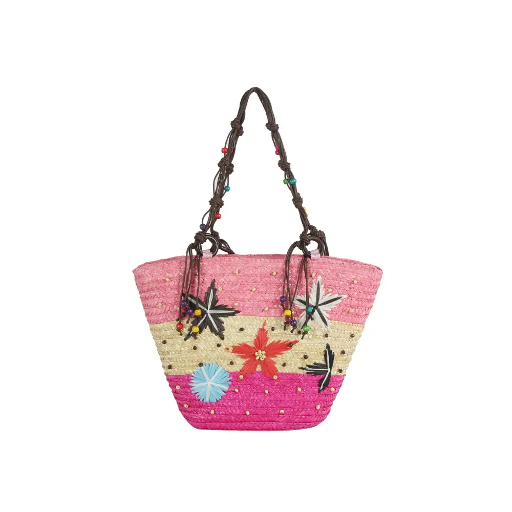 Beaded Floral Straw Shoulder Bag