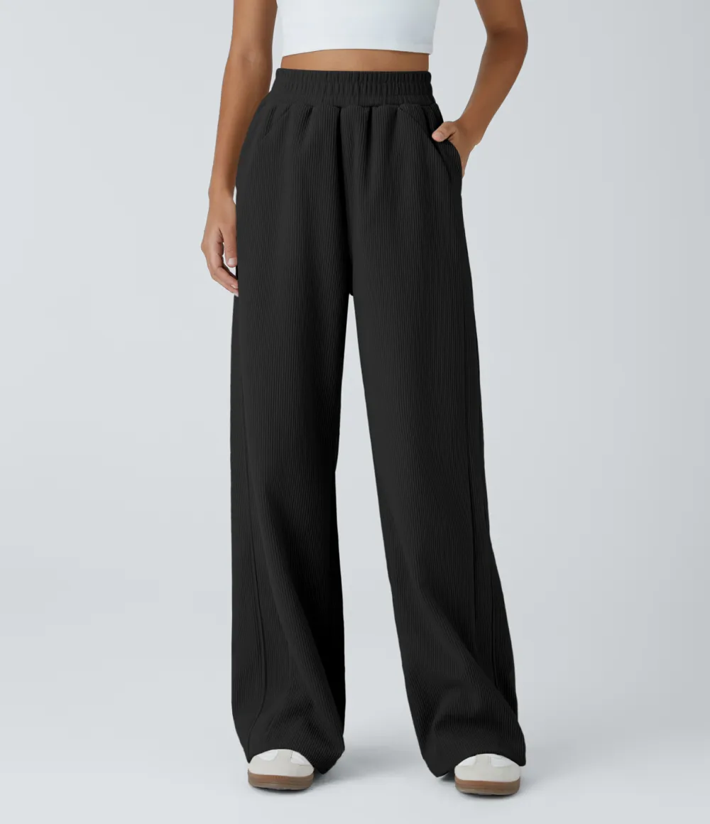 High Waisted Side Pocket Straight Leg Mop Corduroy Casual Pants