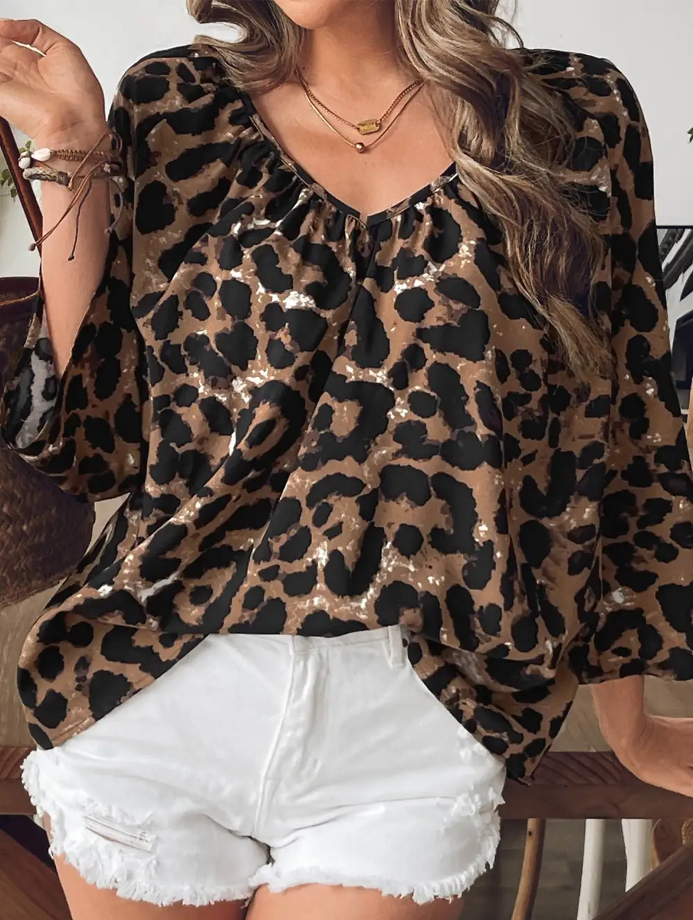 Leopard V Neck Short Sleeve Shirt