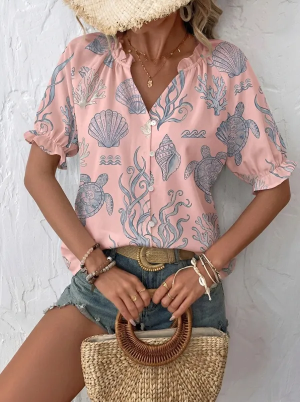 Women's Beach Ocean Lover Sea Turtle Shell Printed Blouse