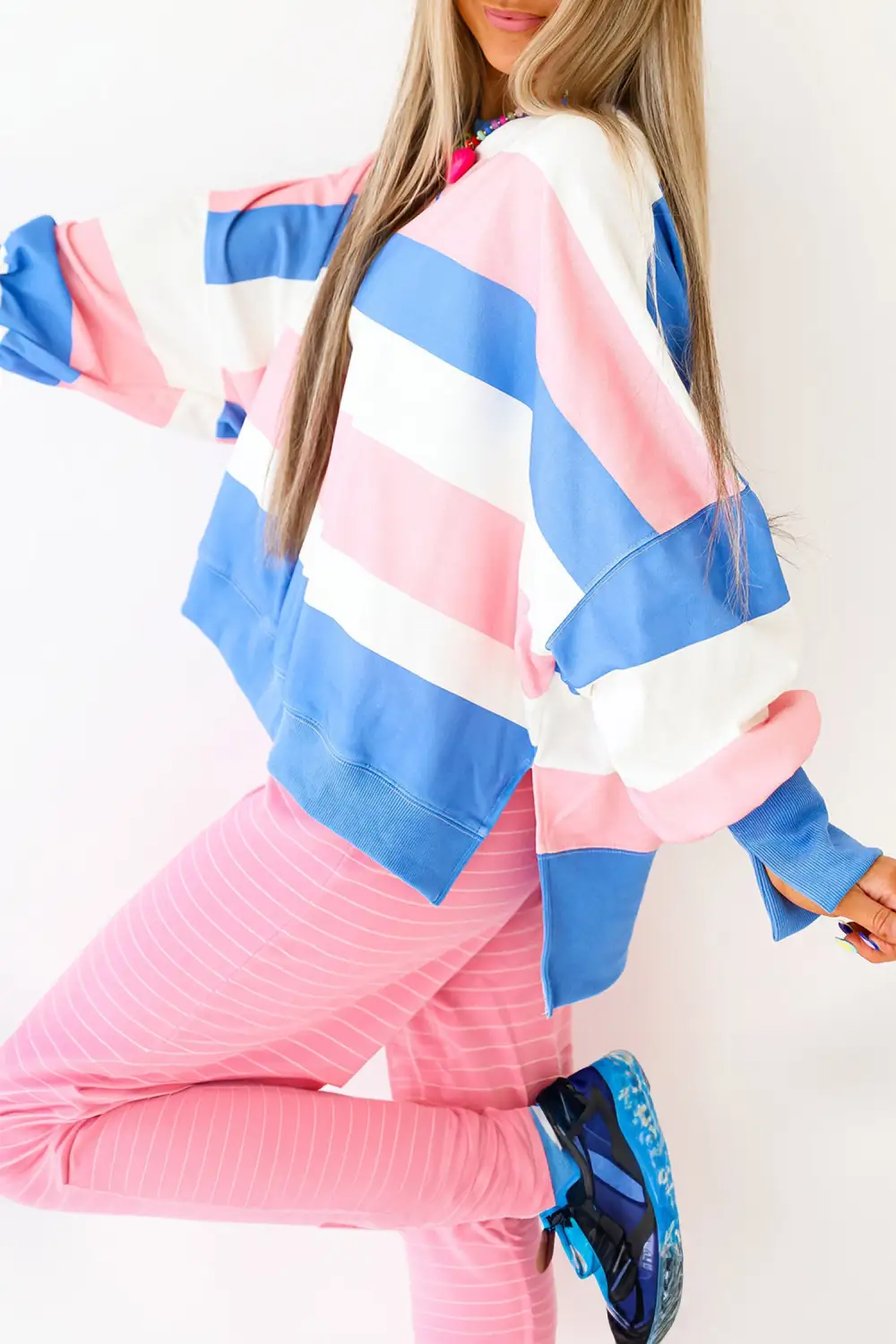 Striped Split Hem Oversized Long Sleeve Top