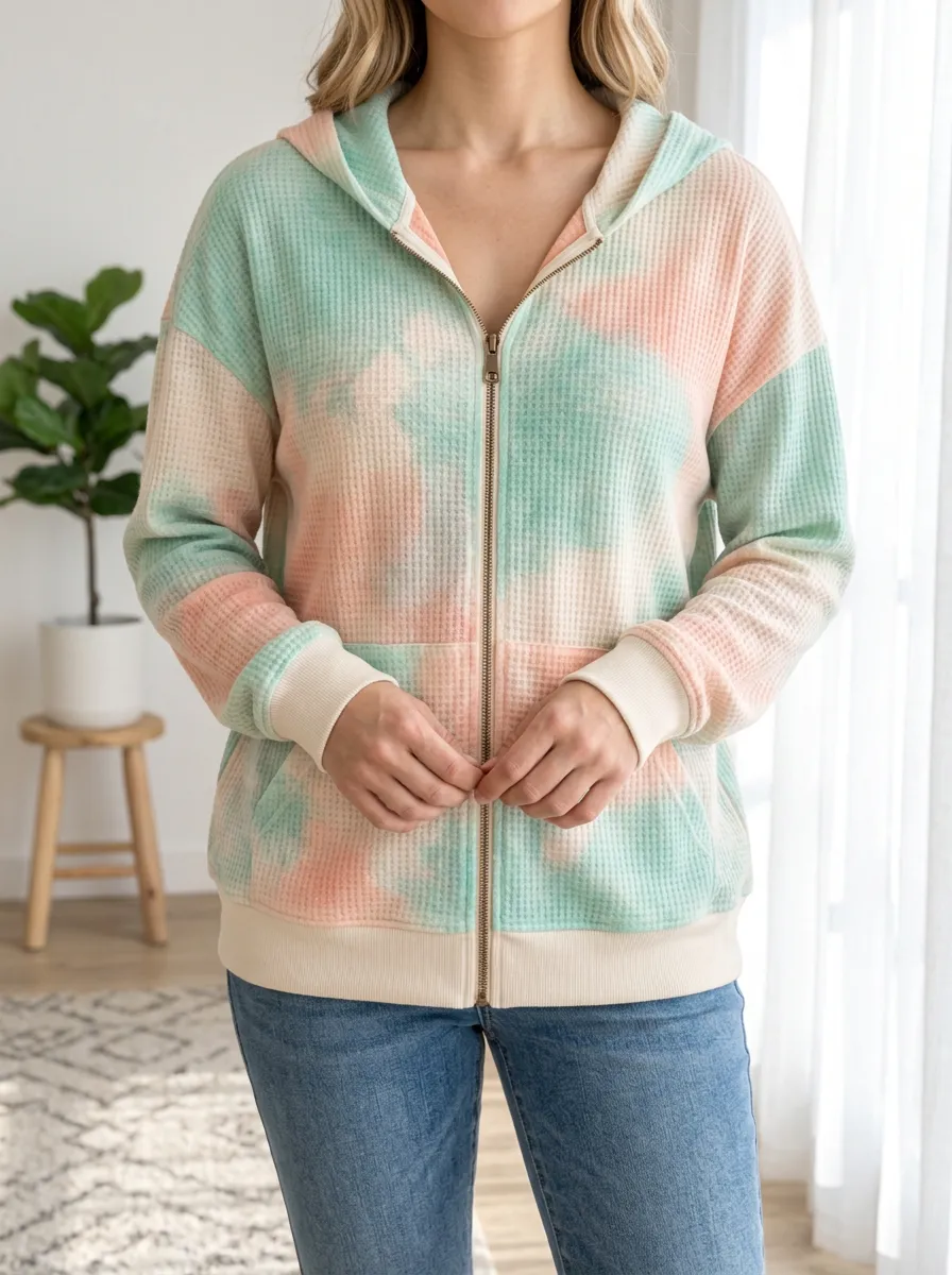 Women's Pastel Tie-Dye Signature Composition Waffle Zip-Up Hoodie