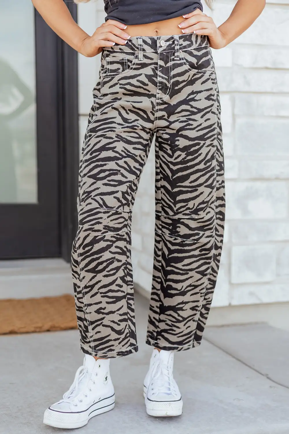Women's Zebra Stripe Printed Wide Leg Barrel Jeans