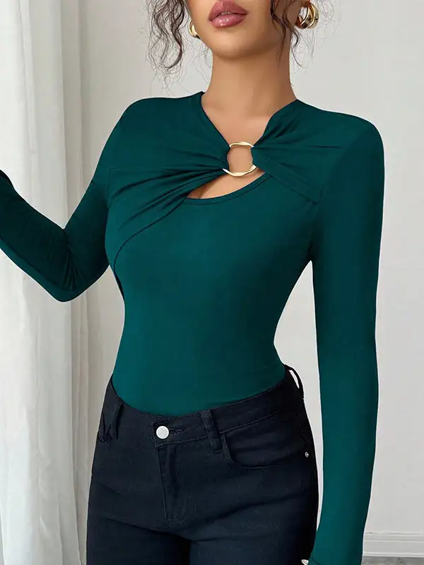 Long Sleeve Slim Fit Panel Detail Asymmetric Collar T-Shirt