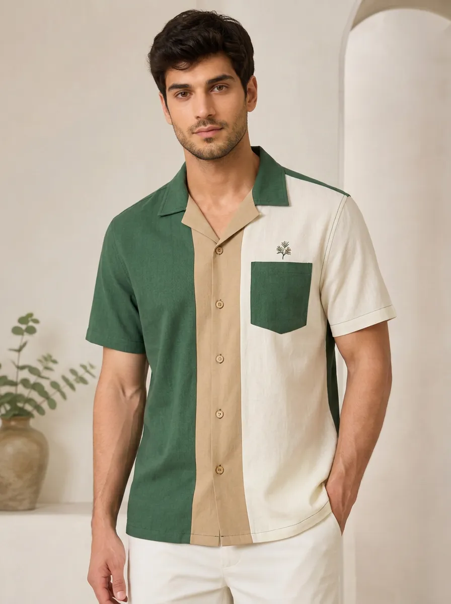 Men's Minimalist Nature Lover Pine Tree Embroidered Colorblock Shirt