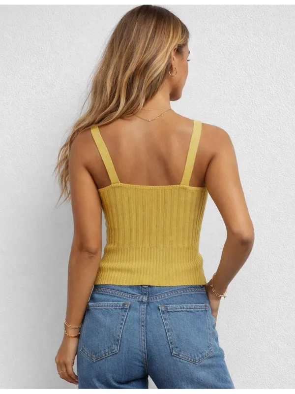 Ribbed Knit Solid Color Wrap V Neck Sleeveless Top