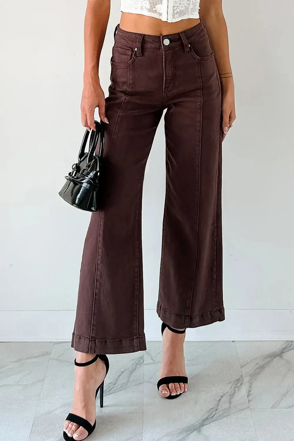 Wide Leg Cropped Seam Detail Casual Jeans