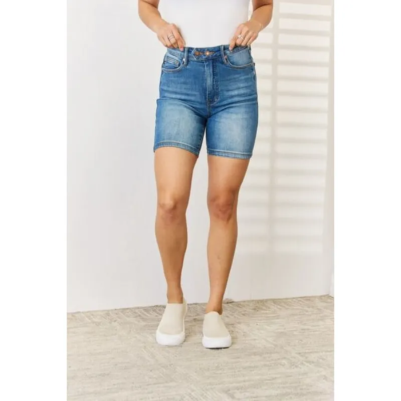 Plus Size Tummy-Control Double Button Bermuda Denim Shorts