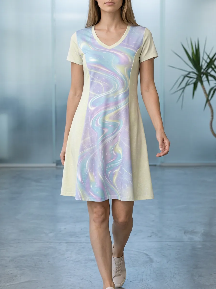 Women's Pastel Galaxy Swirl Printed V-Neck Dress