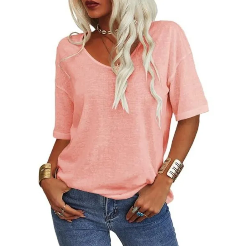 Women's Summer Casual Half Sleeve V-Neck T-Shirt Basic Top