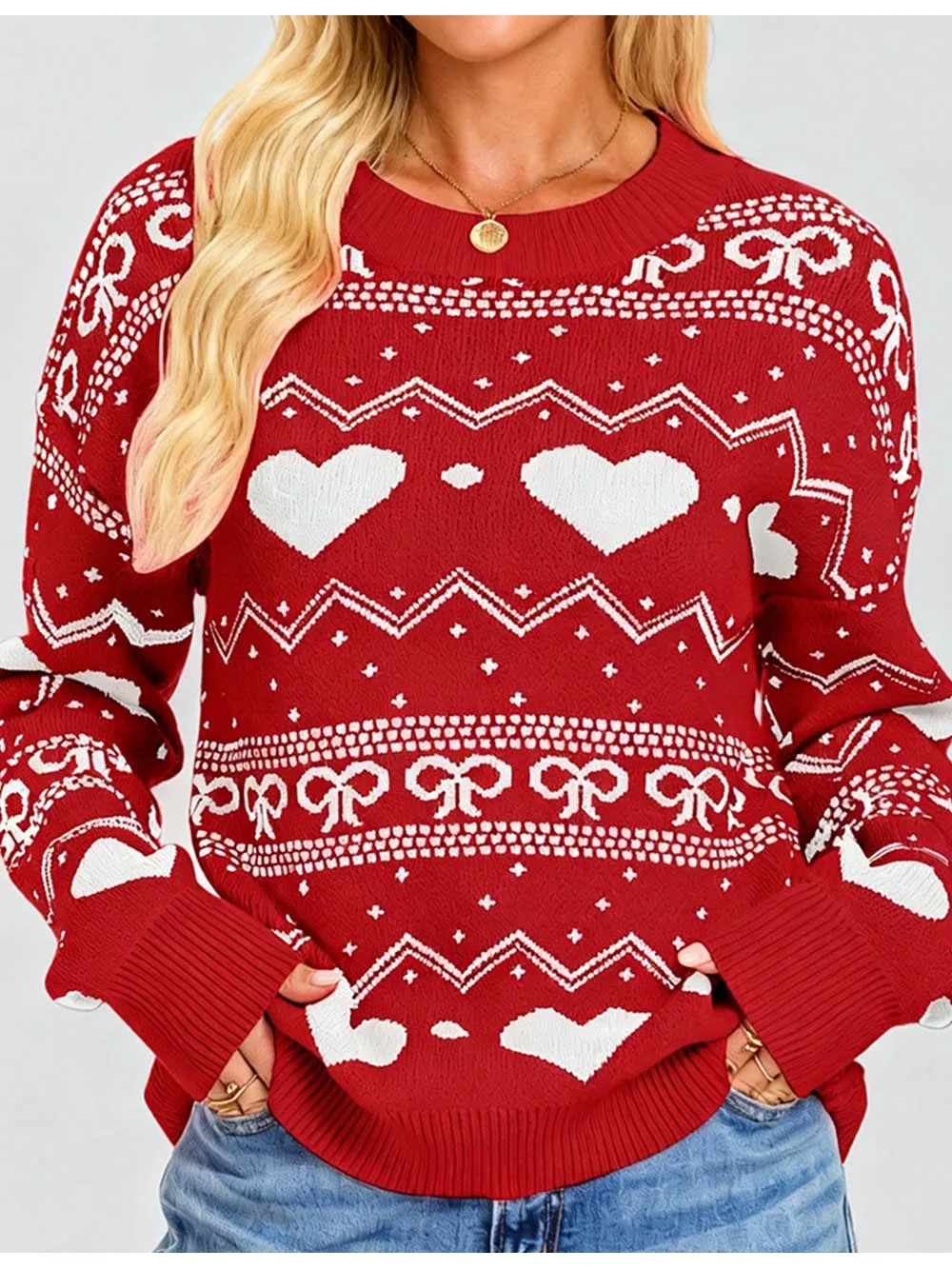 Valentine Heart and Bow Pattern Pullover Sweater