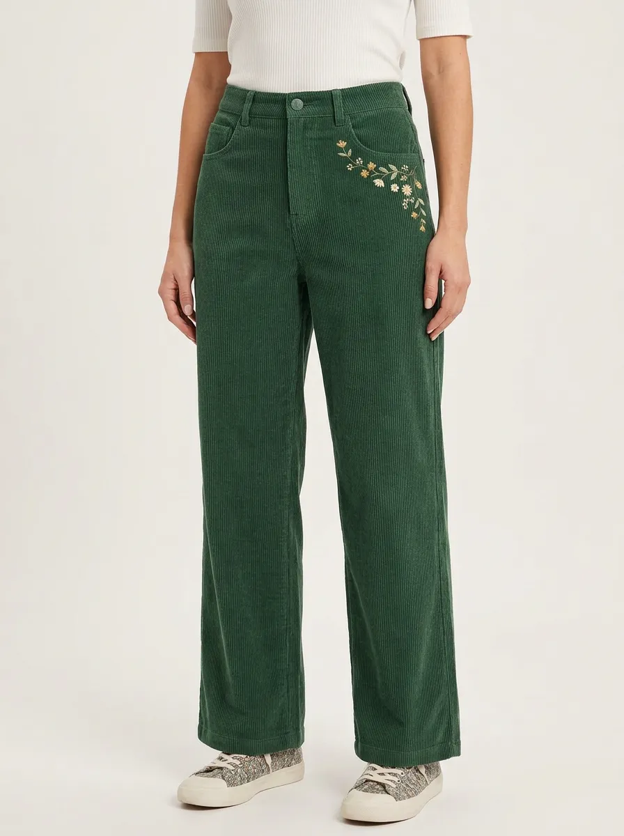 Women's Floral Embroidered High-Rise Straight-Leg Corduroy Pants