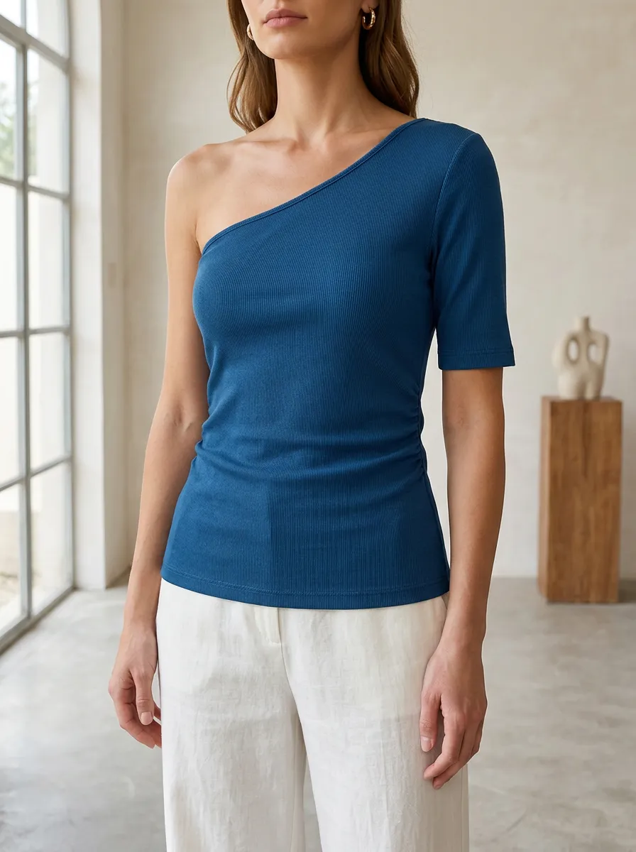 Women's Blue Ribbed One-Shoulder Fitted Top