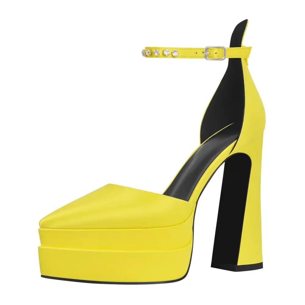 Satin Finish Rhinestone Pointed Toe Double Platform Chunky Heel Pumps