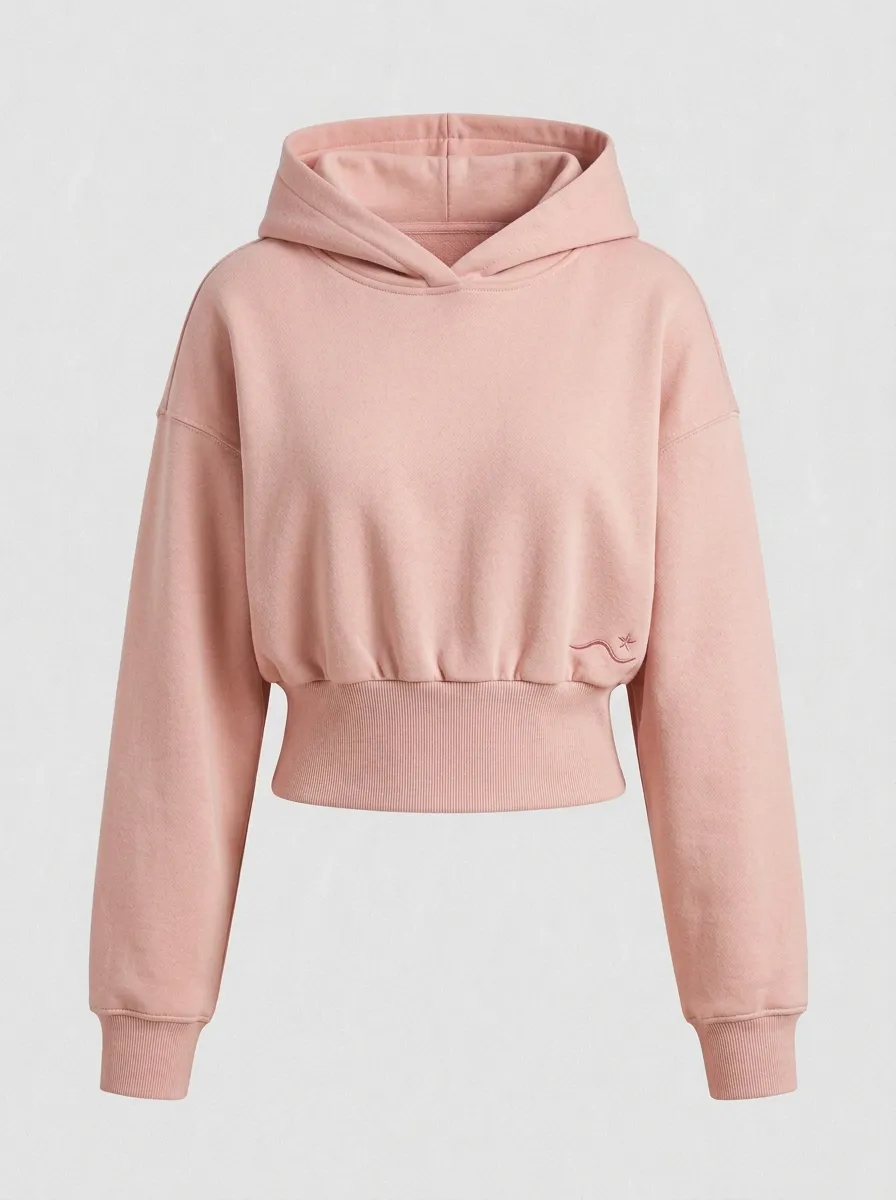 Women's Minimalist Beige Star Wave Embroidered Cropped Hoodie
