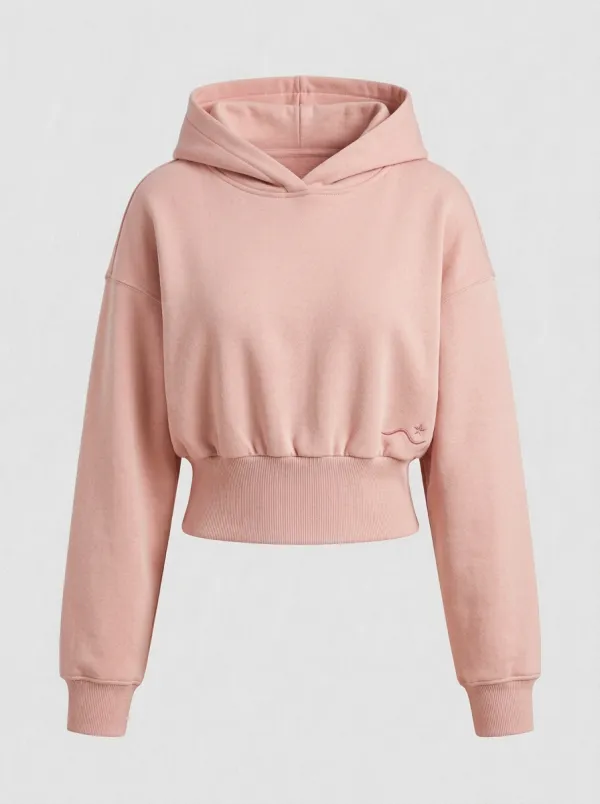 Women's Minimalist Beige Star Wave Embroidered Cropped Hoodie