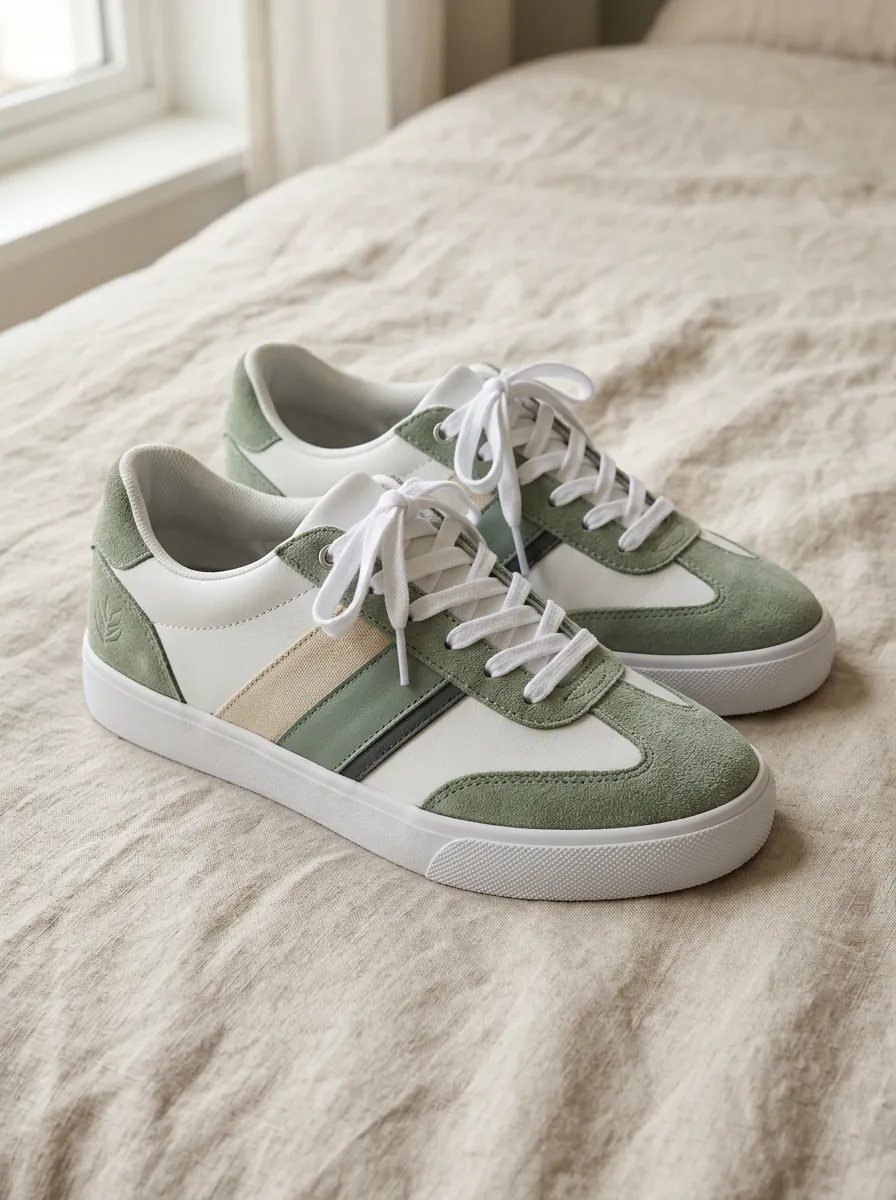 Women's Sage Green White Colorblock Suede Printed Sneakers