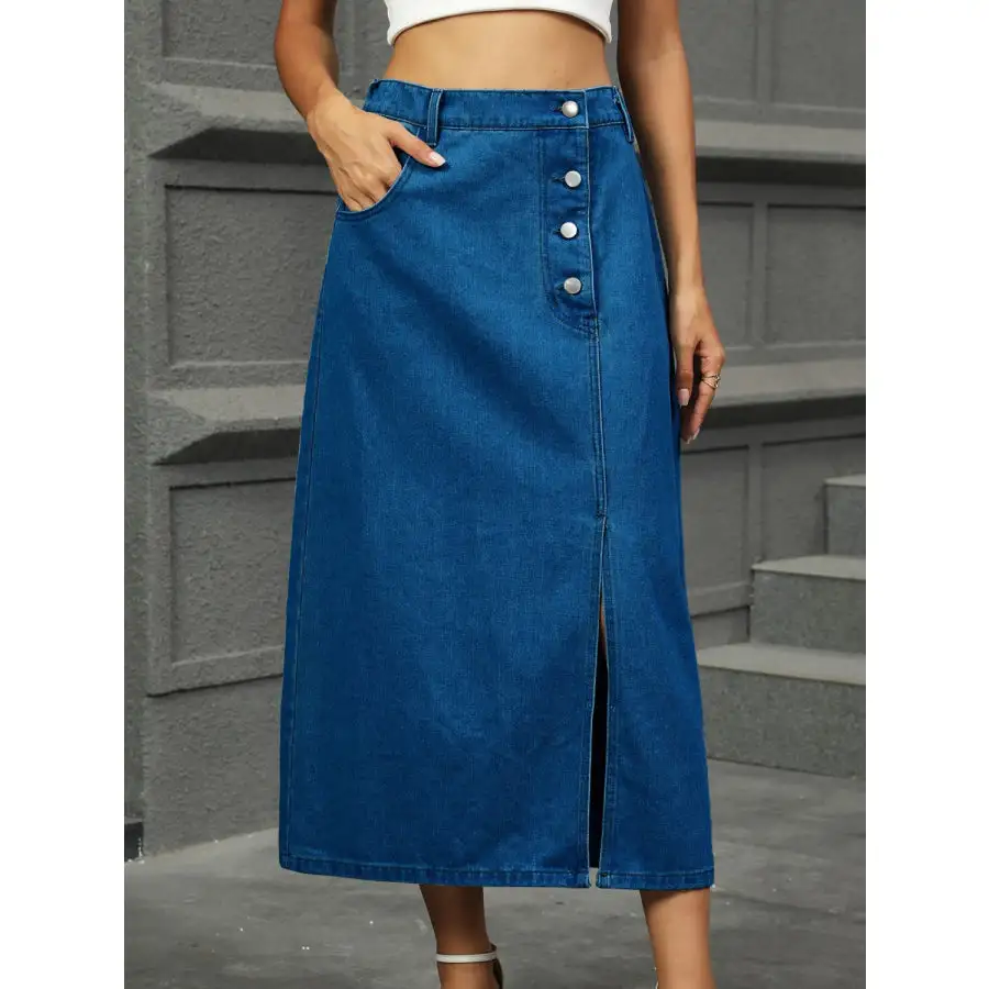 Slit Button Detail Denim Midi Skirt