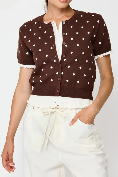 Polka Dot Brown Knit Cardigan
