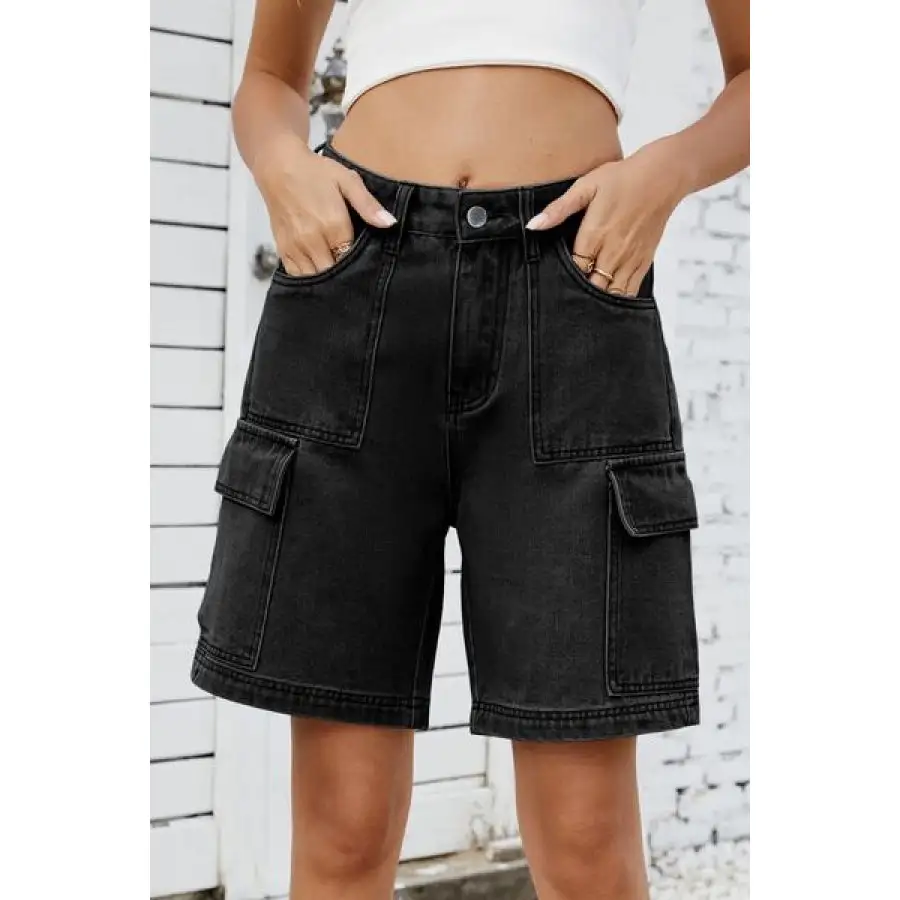 High Rise Pocketed Cargo Denim Shorts