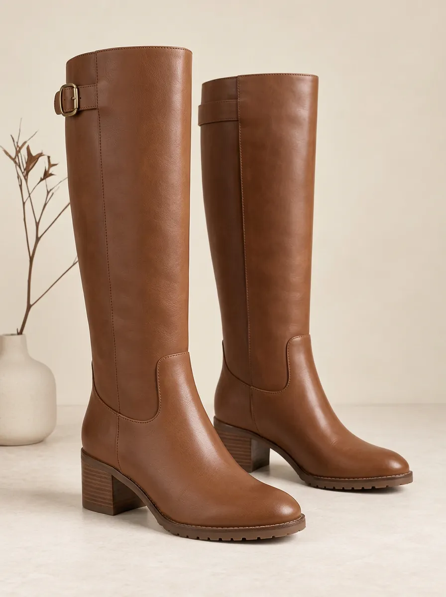 Women's Buckle Strap Faux Leather Utility Knee High Boots