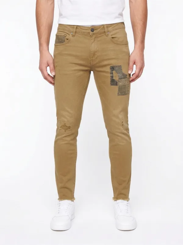 Men's Distressed Patchwork Frayed Hem Printed Slim-Fit Jeans