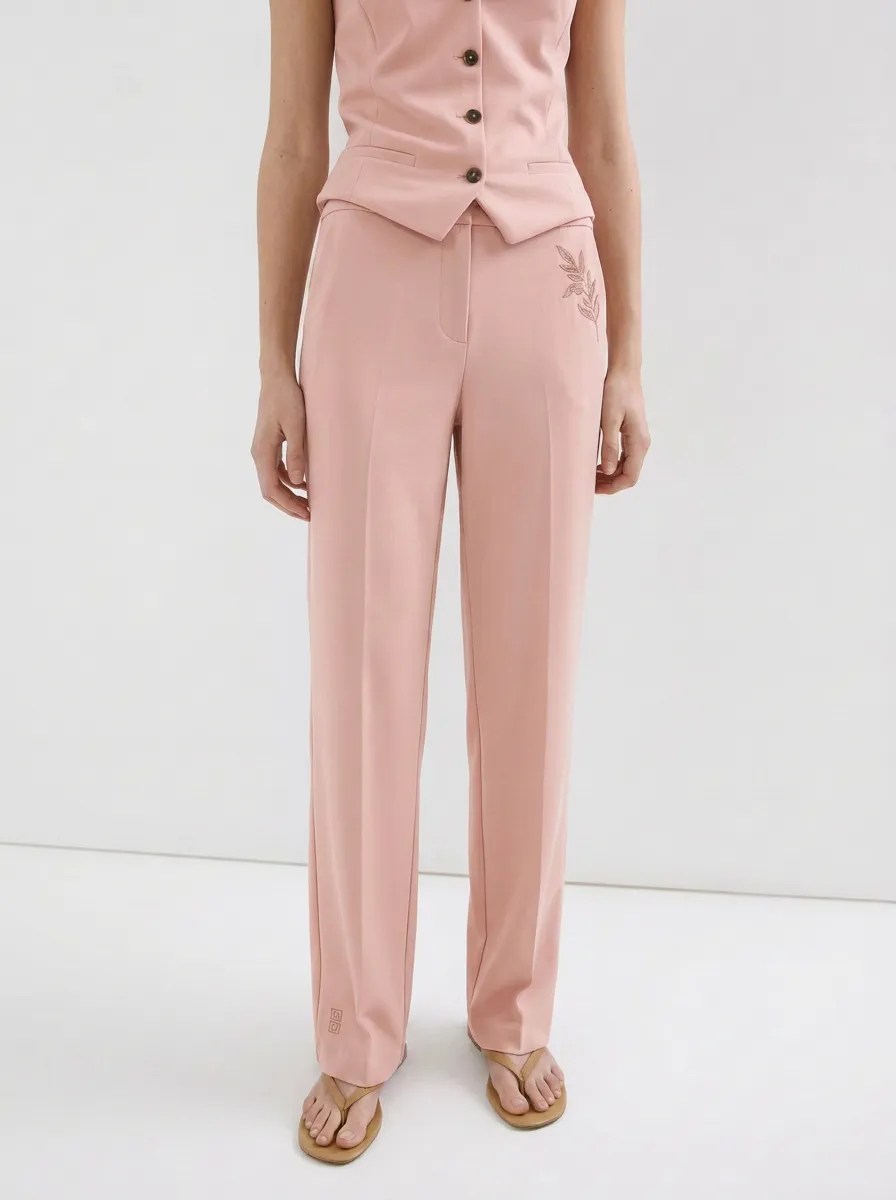 Women's Minimalist Botanical Leaf Embroidered Mid-Rise Straight Trousers
