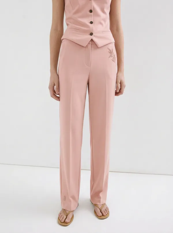 Women's Minimalist Botanical Leaf Embroidered Mid-Rise Straight Trousers
