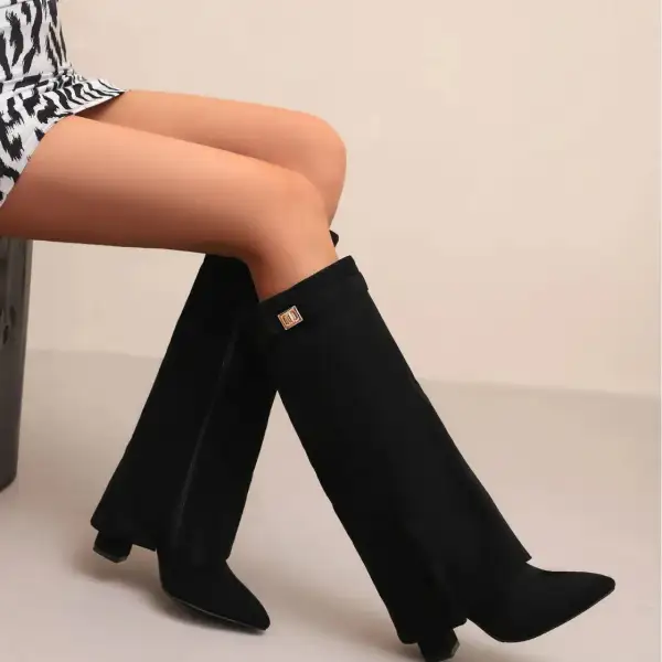 Suede Thigh Tall Boots Buckle  Heeled Boots