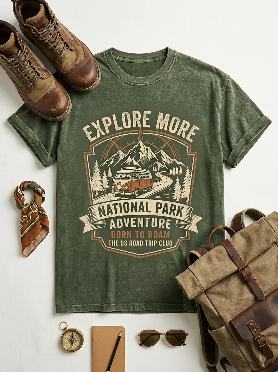 Unisex National Park Adventure Camper Van Printed T-shirt
