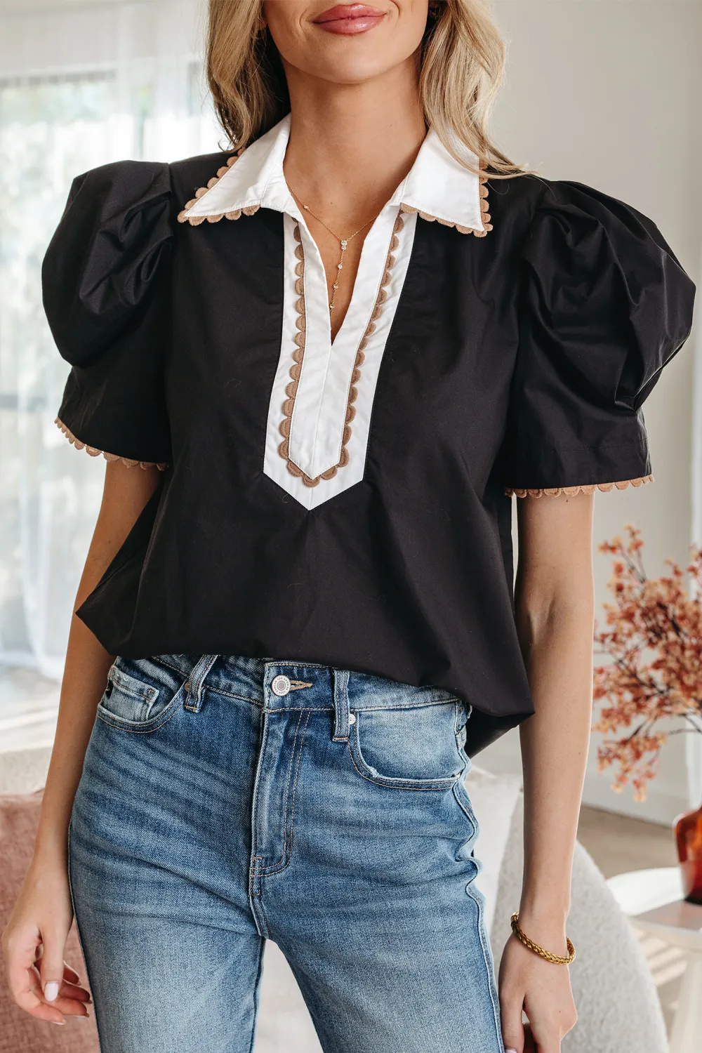 Black Ricrac Trim Block Patchwork Blouse