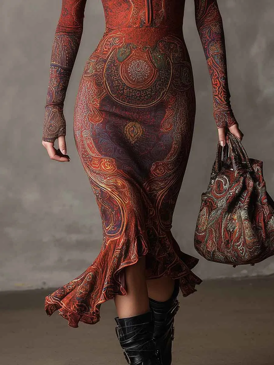 Retro Bohemian Print Irregular Midi Dress
