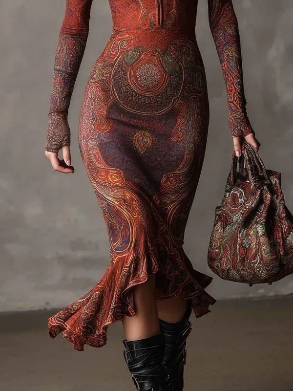 Retro Bohemian Print Irregular Midi Dress