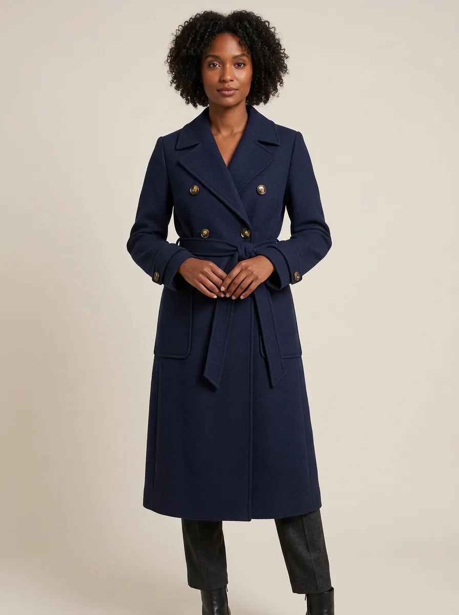 Women's Navy Double-Breasted Belted Wool-Blend Trench Coat
