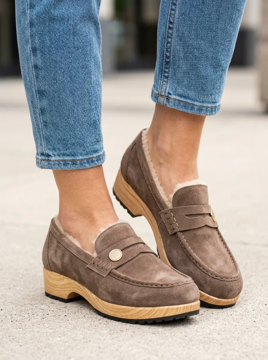 Women's Everyday Faux Fur Lined Casual Suede Wood Sole Loafers