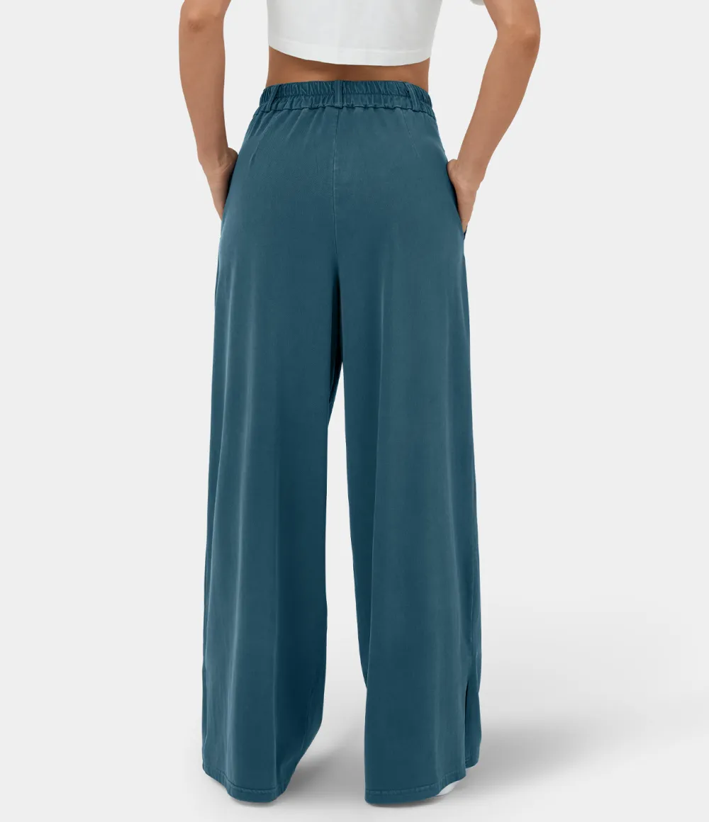 High Waisted Button Zipper Plicated Side Pocket Split Hem Wide Leg Casual Pants